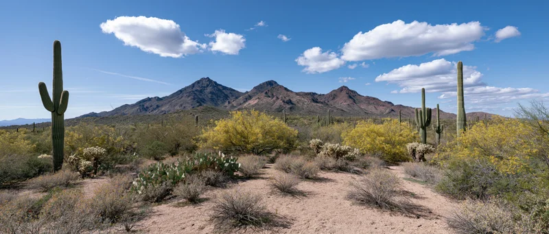 Saguaro cacti and yellow flowering shrubs in a desert landscape with mountains under a blue sky