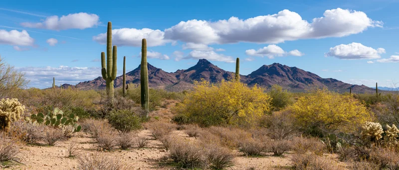 Saguaro cacti and yellow shrubs in a desert landscape with rocky mountains under a blue sky with clouds