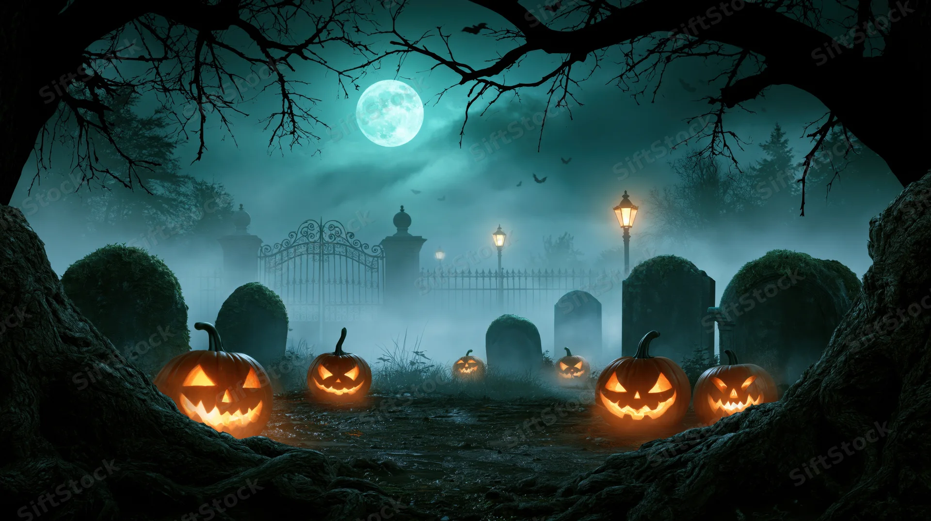 Carved pumpkins glowing in a foggy graveyard at night under a full moon