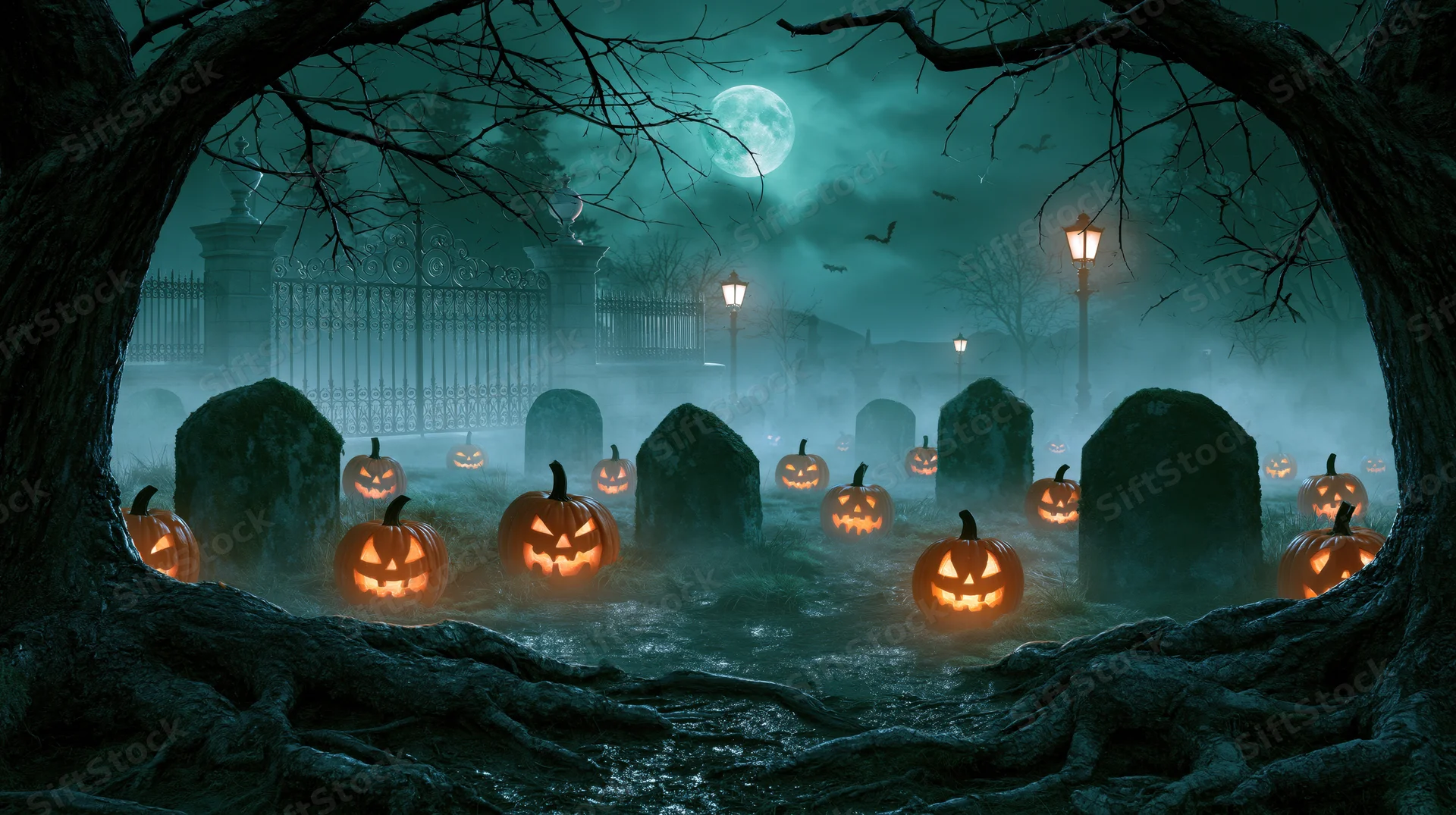 Carved pumpkins glowing in a foggy graveyard at night under a full moon