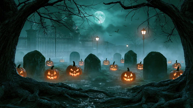 Carved pumpkins glowing in a foggy graveyard at night under a full moon
