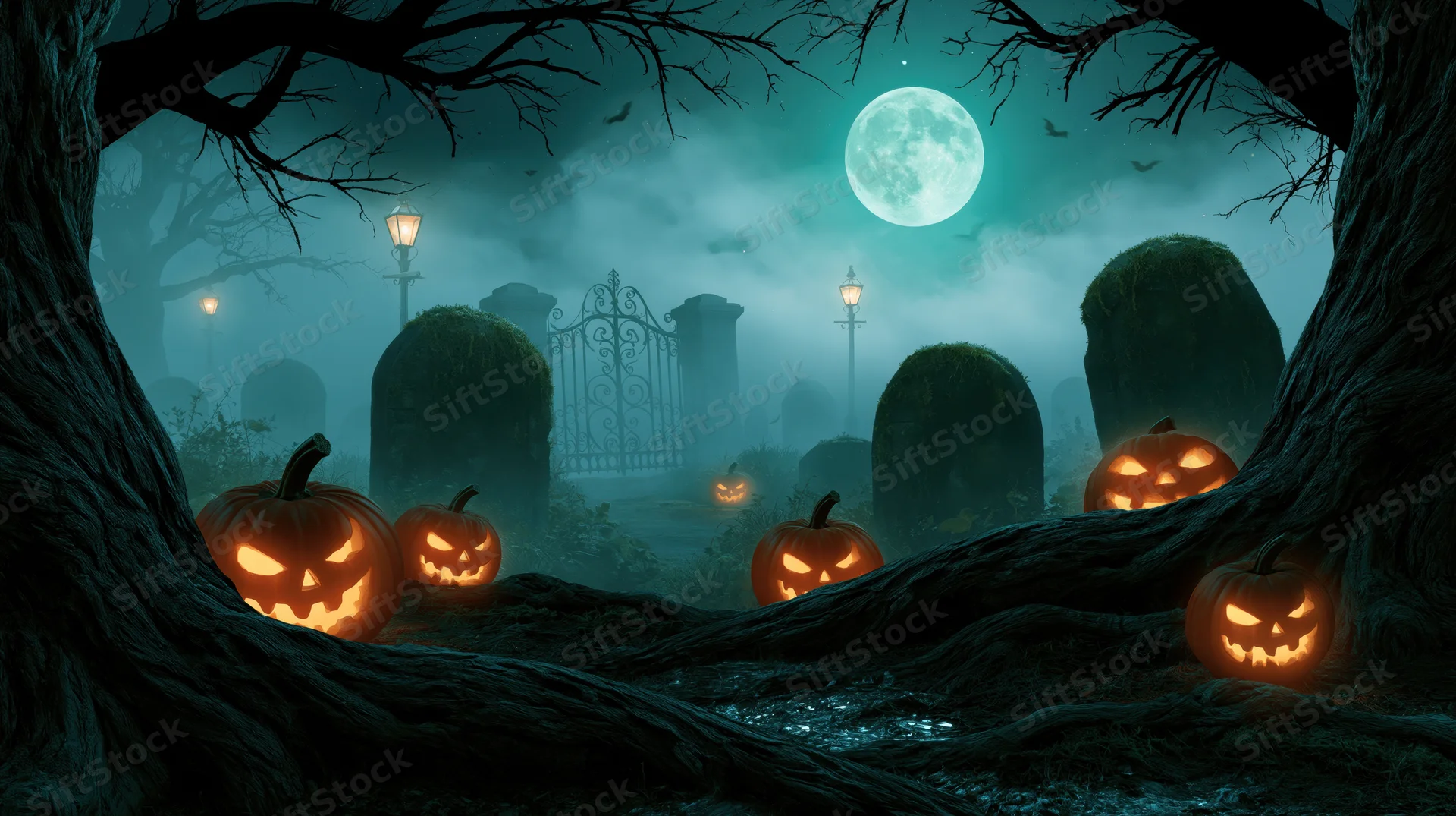 Carved pumpkins glowing in a foggy graveyard under a full moon at night