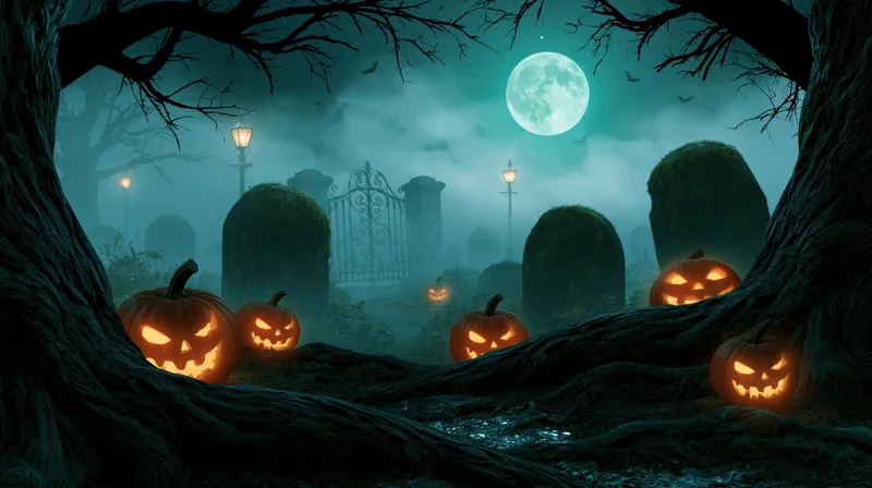 Carved pumpkins glowing in a foggy graveyard under a full moon at night