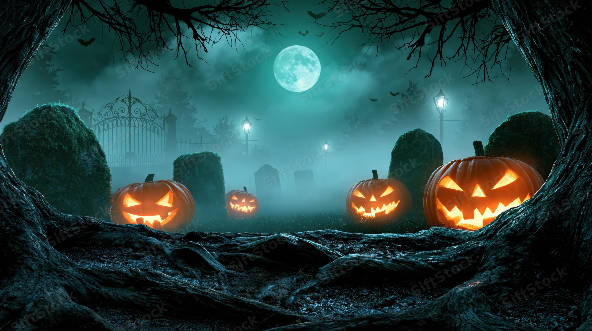 Carved pumpkins glowing in a foggy graveyard under a full moon framed by tree roots