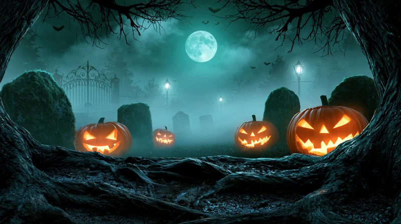 Carved pumpkins glowing in a foggy graveyard under a full moon framed by tree roots