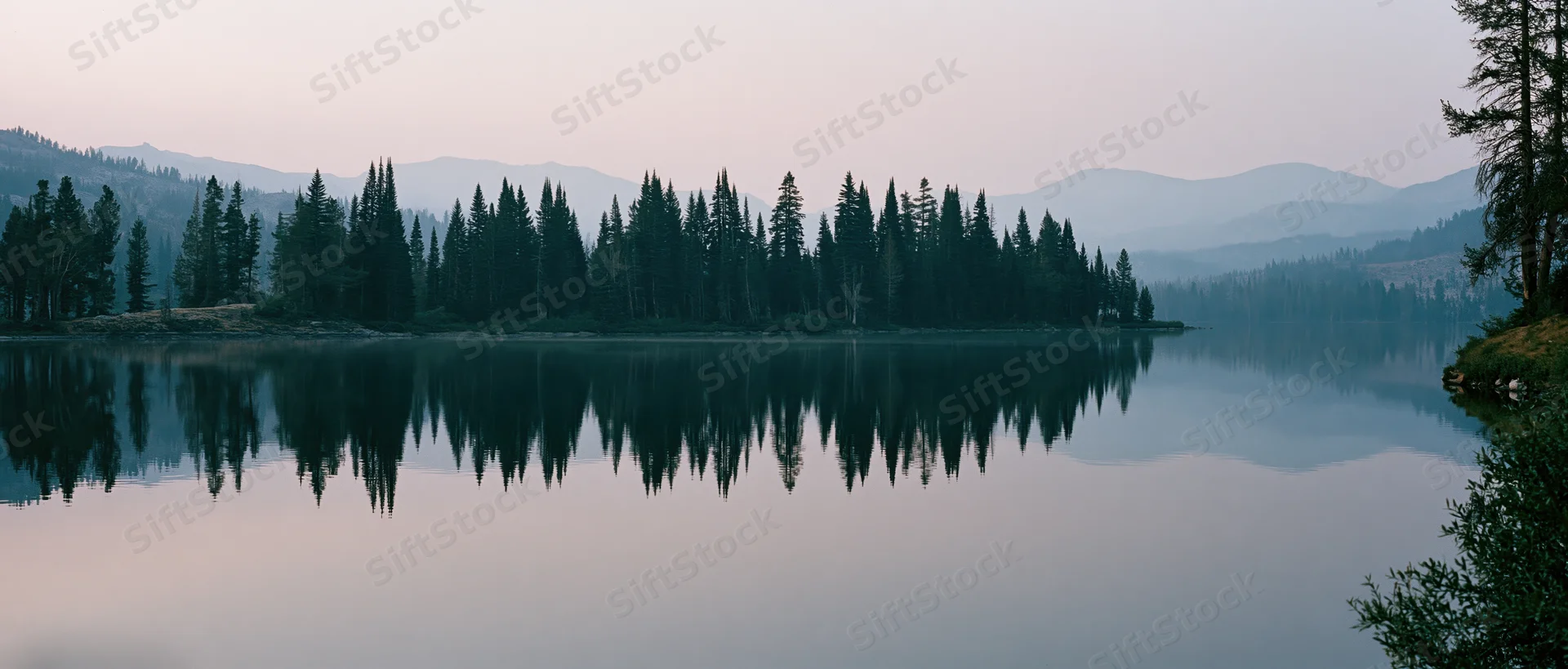 Calm lake reflecting dense pine forest along shoreline at twilight