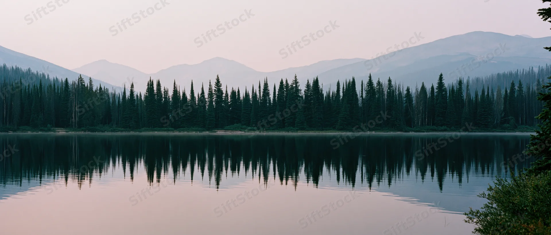 Calm lake reflecting dense pine forest and distant mountains at dusk