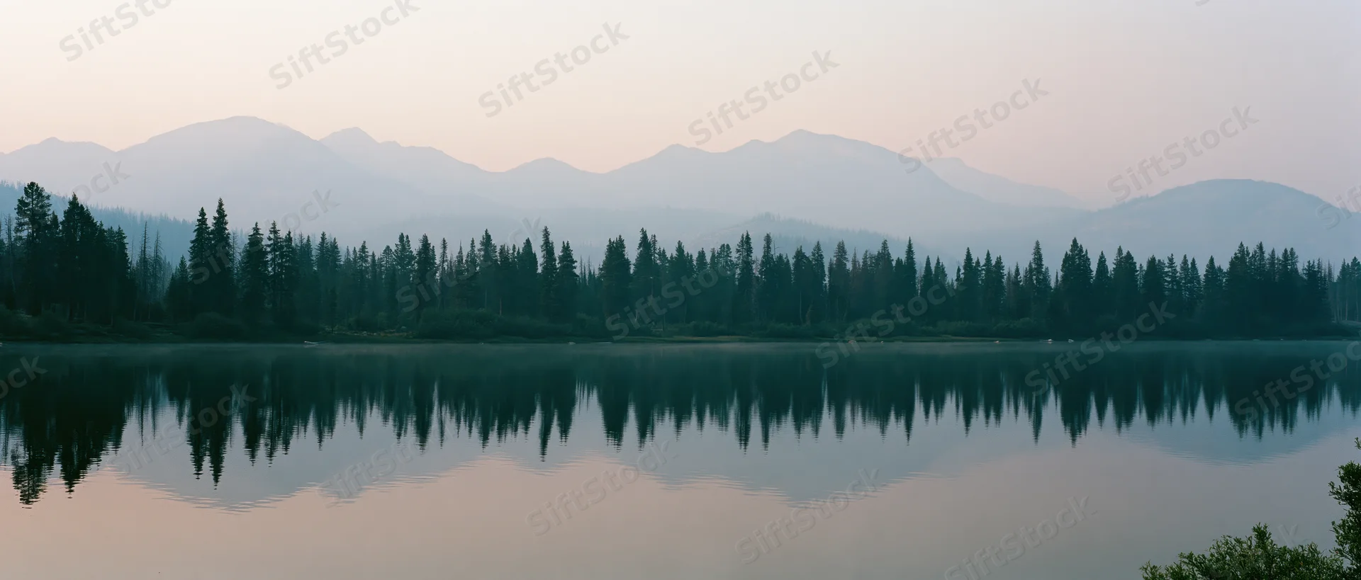 Calm lake reflecting pine forest and mountains at dusk