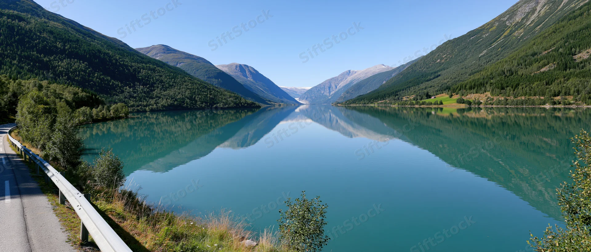 Calm lake reflecting mountains and forest in a valley beside a road with guardrail