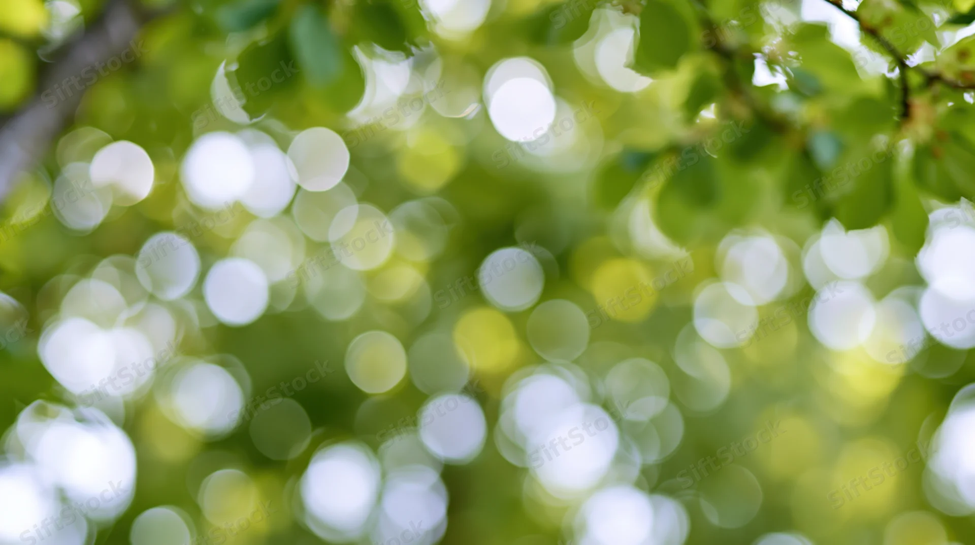 Blurred green foliage with circular bokeh light spots from sunlight filtering through leaves in a natural outdoor setting
