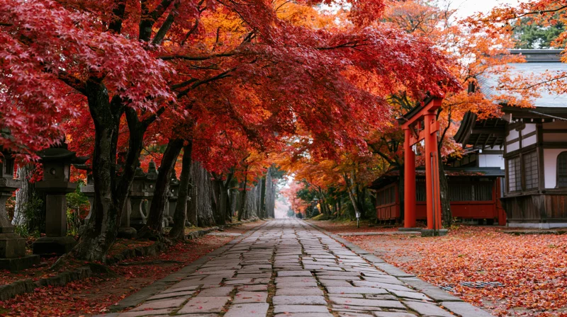 Stone path lined with red maple trees leading to a traditional Japanese shrine entrance