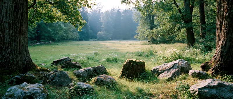 Sunlit meadow clearing surrounded by trees and moss-covered rocks in a forest landscape