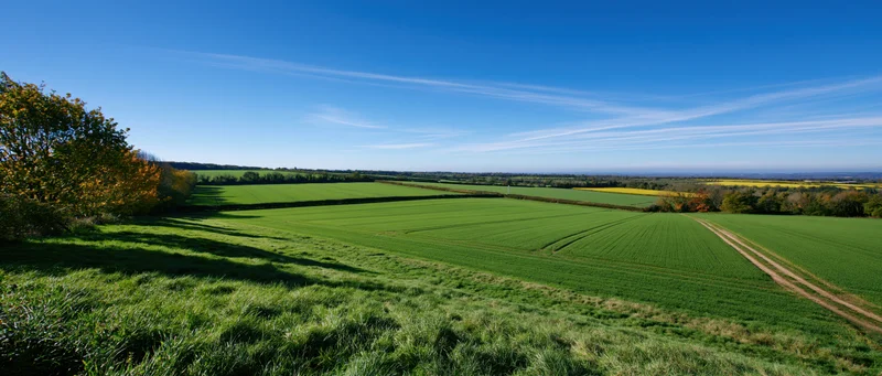 Expansive green cropfield under clear blue sky in rural countryside during autumn season