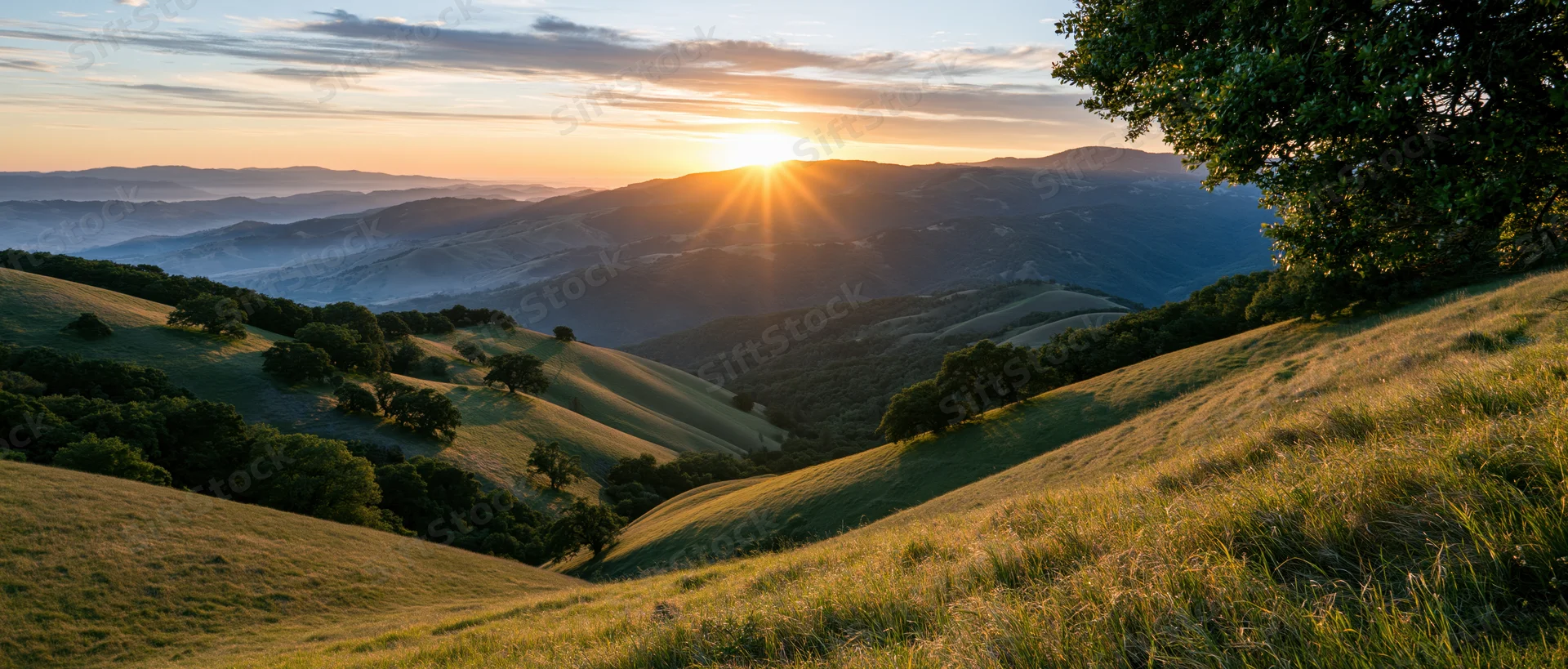 Golden sunlight over rolling hills and valleys in a rural landscape at sunset