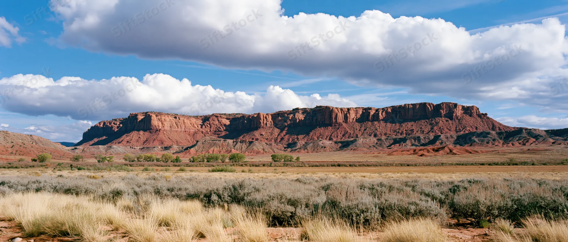 Red rock canyon formation under cloudy blue sky in arid desert landscape