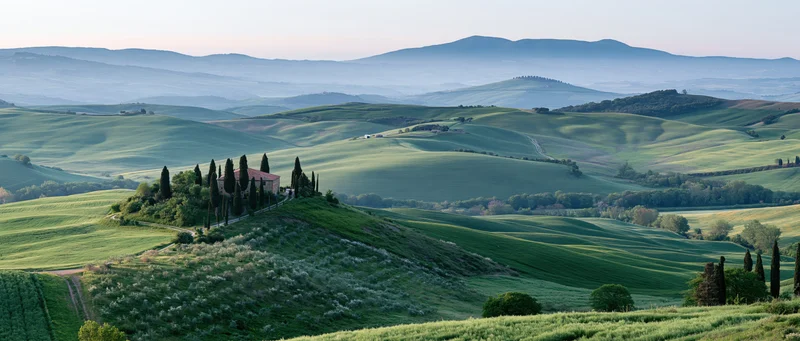 A villa surrounded by cypress trees on a green hill in the tuscan countryside at morning light