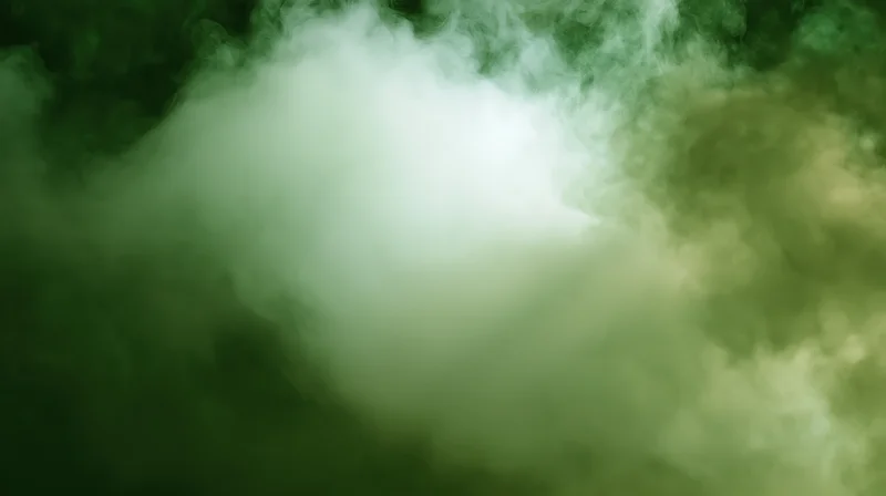 Swirling green and white smoke forming a soft cloud against a dark background