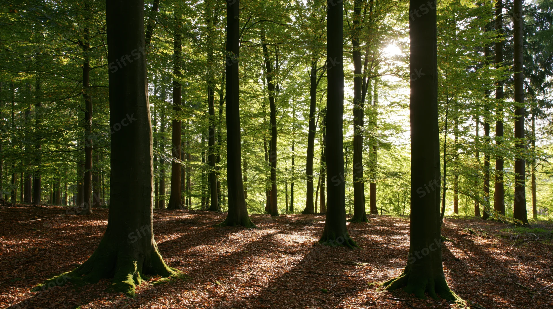 Sunlight filtering through dense beech trees in a forest during autumn, casting dappled shadows on the leaf-covered ground