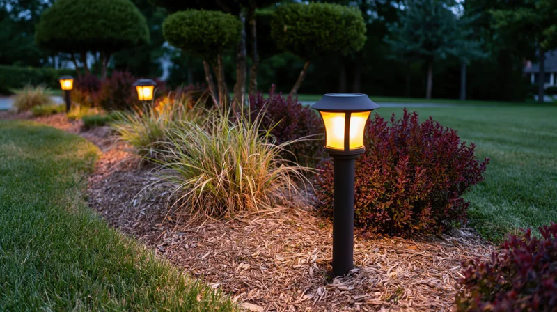 Solar-powered garden lamps illuminating a mulched pathway bordered by ornamental grasses and shrubs in a residential yard at dusk