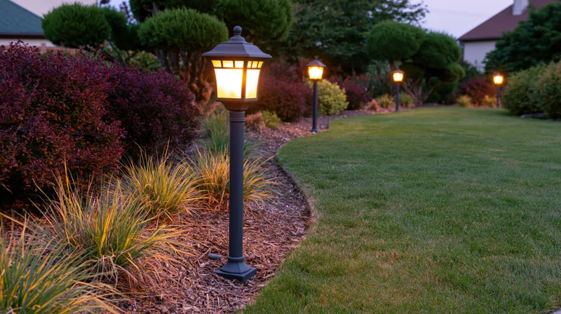 Garden pathway lined with illuminated lamp posts along a mulched border beside a lawn