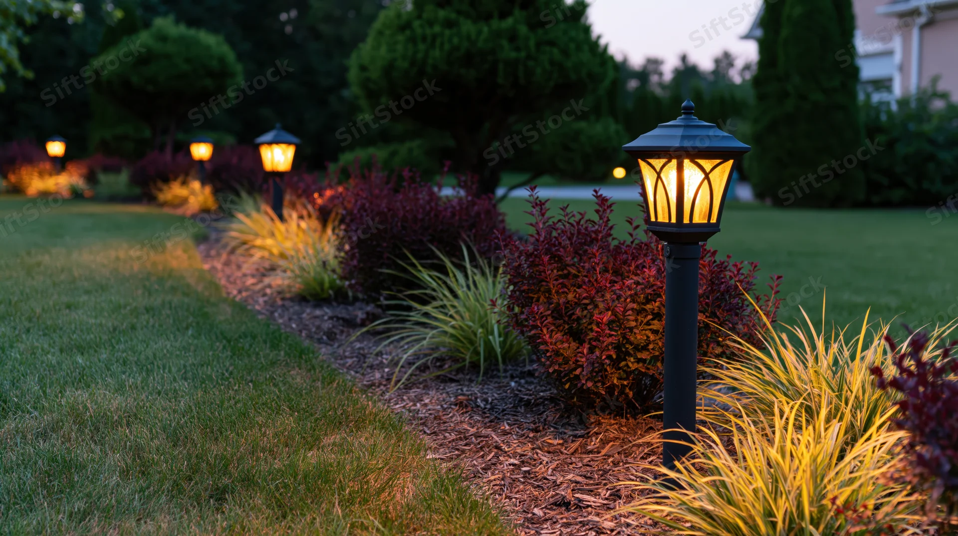 Decorative pathway lights illuminating a landscaped garden border at dusk