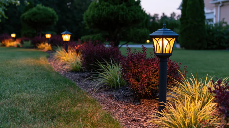 Decorative pathway lights illuminating a landscaped garden border at dusk