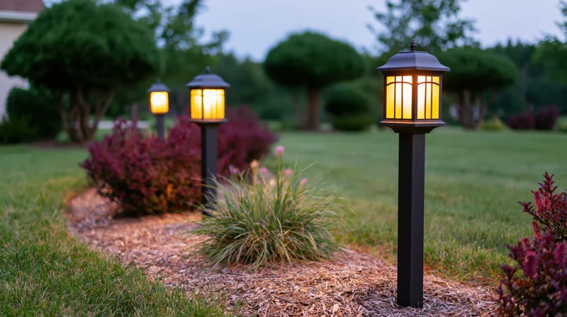 Outdoor lanterns illuminating a garden pathway at dusk