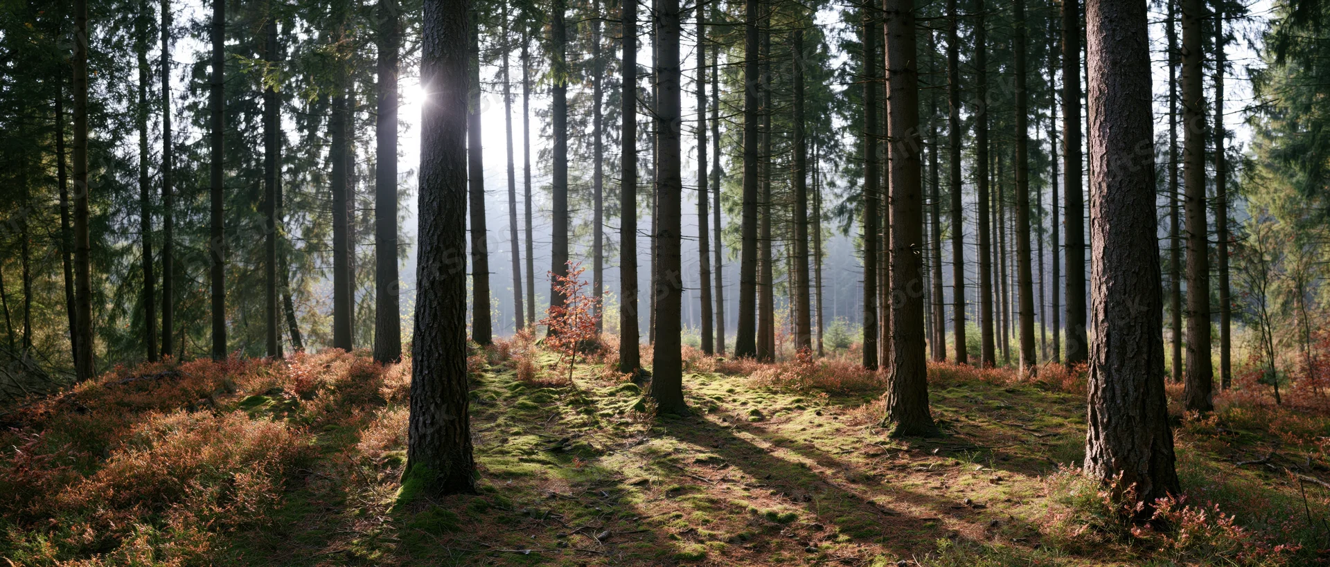 Sunlight filtering through tall pine trees in a mossy forest clearing during autumn