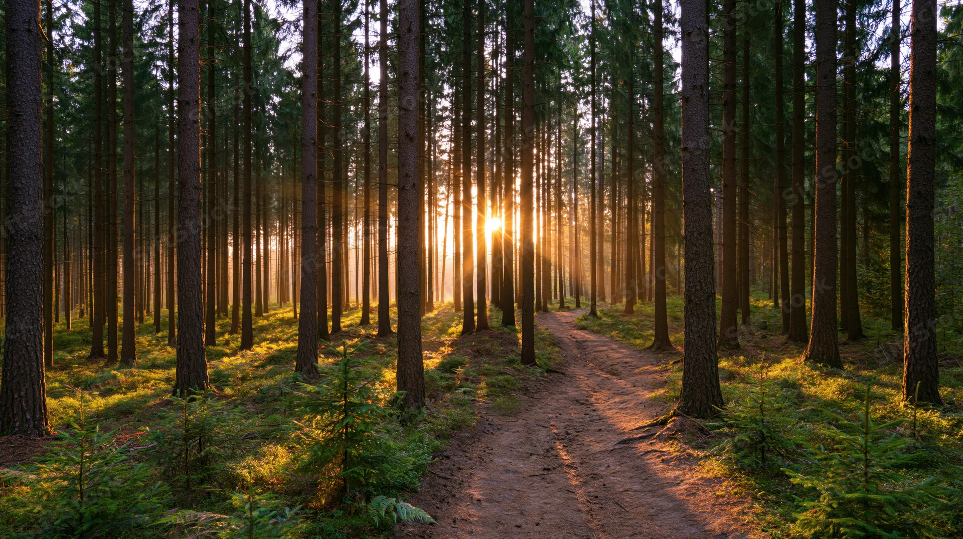 Dirt path winding through tall pine trees in a forest at sunrise