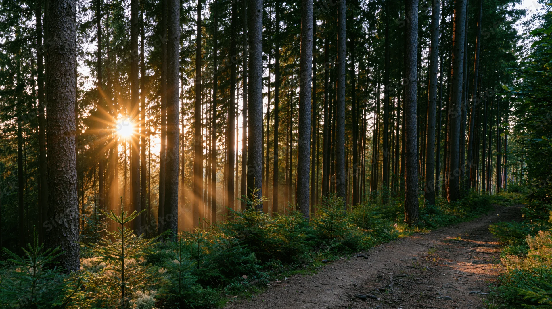 Sunlight filtering through tall pine trees along a dirt path in a dense forest at dawn