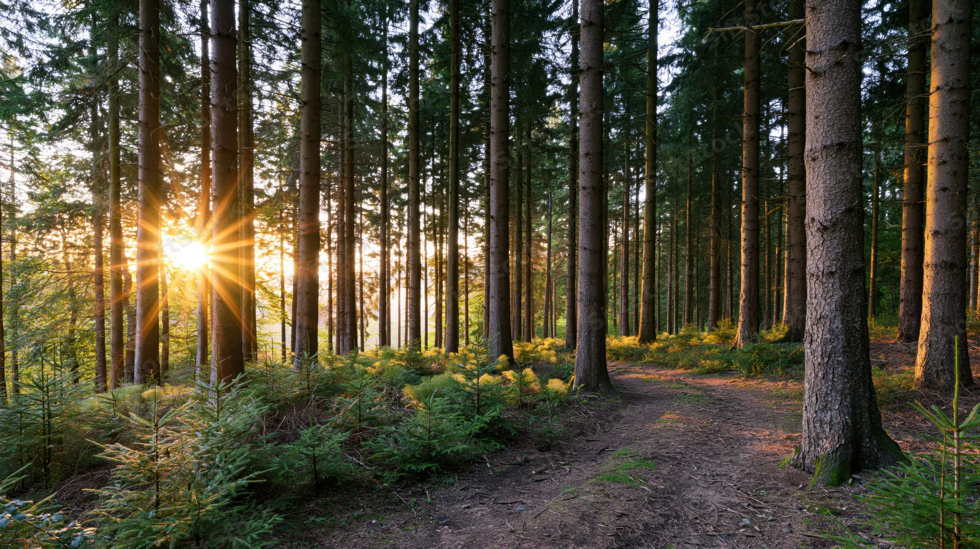 Sunlight filtering through tall pine trees along a forest path in the morning