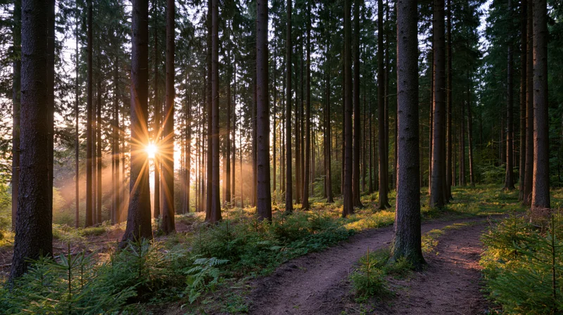 Sunlight streaming through tall pine trees onto a winding forest path at dawn