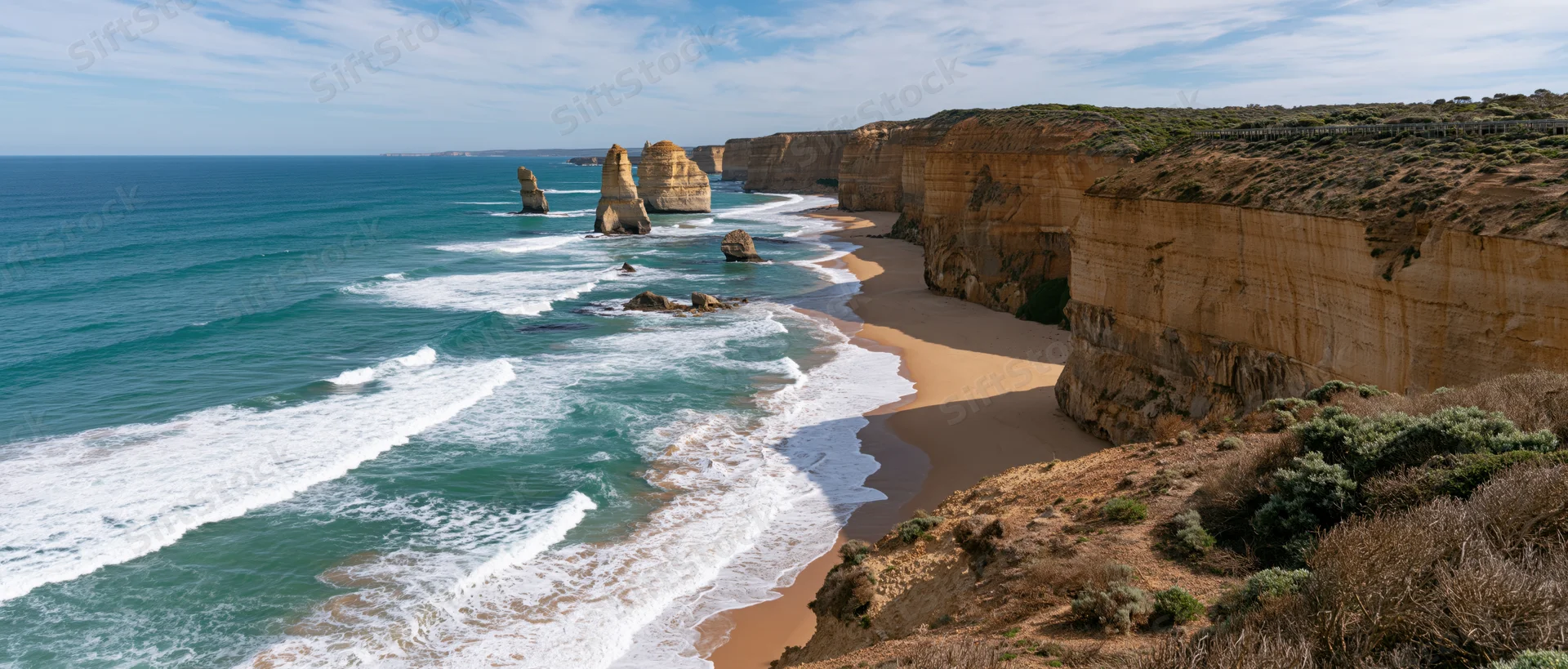 Turquoise ocean waves crashing against sandy beach and towering limestone cliffs along the Great Ocean Road coastline