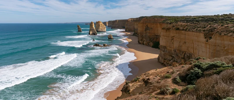 Turquoise ocean waves crashing against sandy beach and towering limestone cliffs along the Great Ocean Road coastline