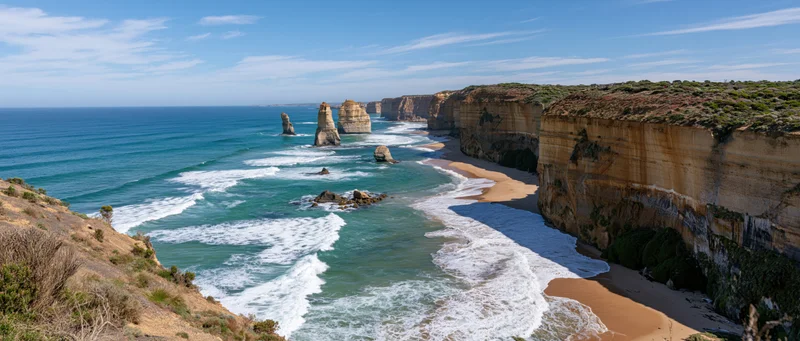 Rocky coastline with cliffs and waves crashing onto a sandy beach under a clear blue sky