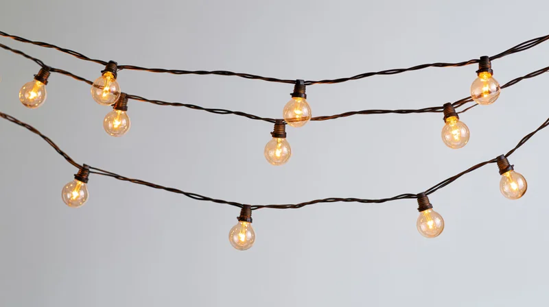 String lights with warm glowing bulbs arranged in parallel rows against a plain background
