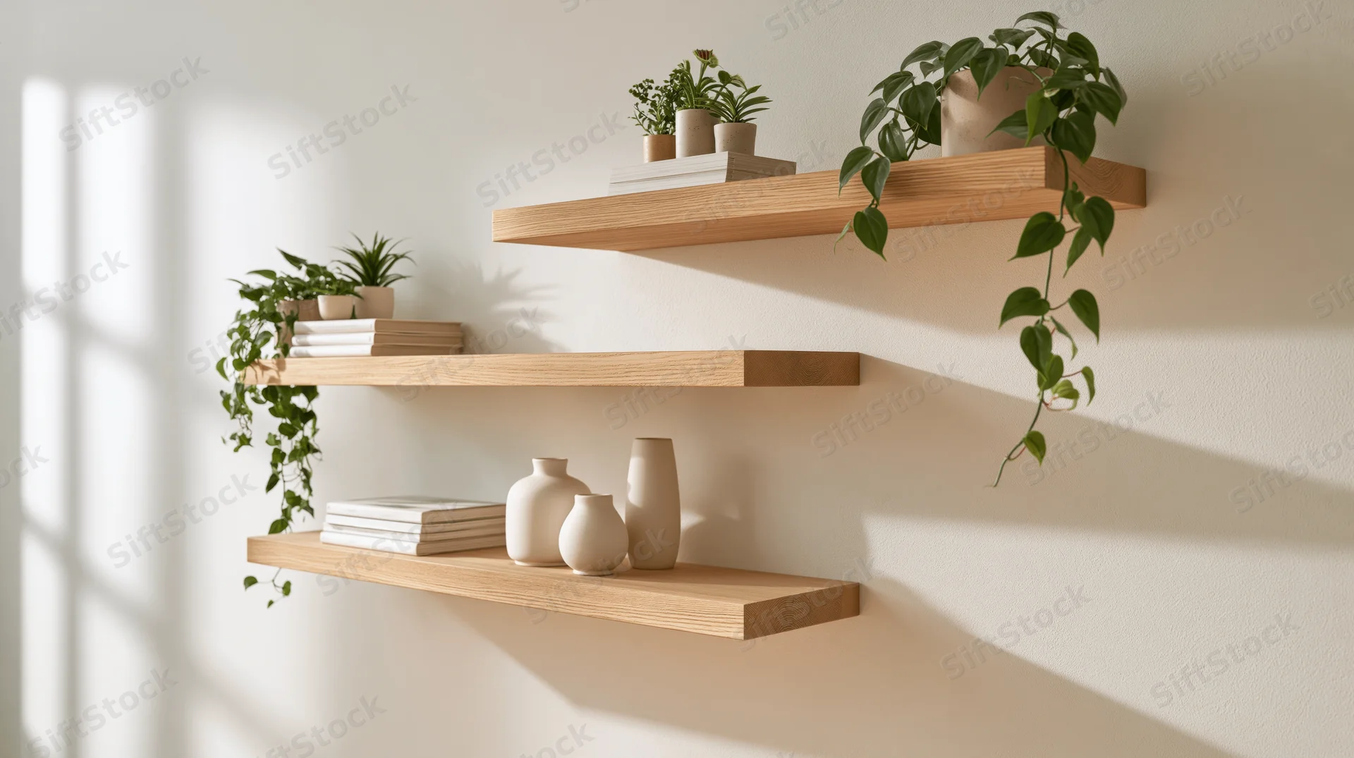 Wooden floating shelves with plants and vases arranged on a white wall in a minimalist interior