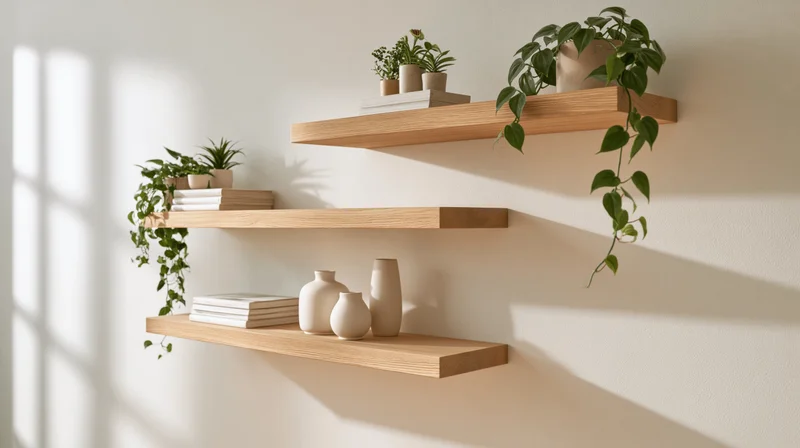 Wooden floating shelves with plants and vases arranged on a white wall in a minimalist interior