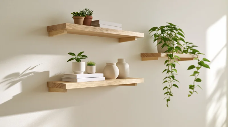 Wooden shelves with potted plants and decor arranged on a white wall in a minimalist interior