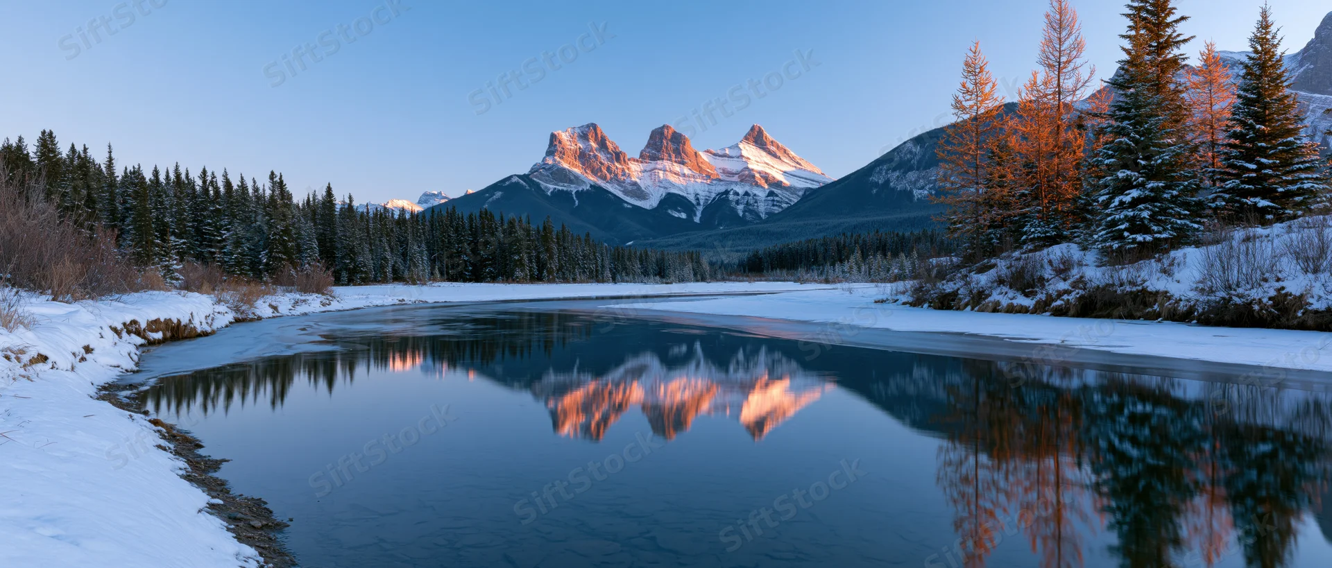 Snow-covered mountains reflected in a calm river at sunrise in a winter forest