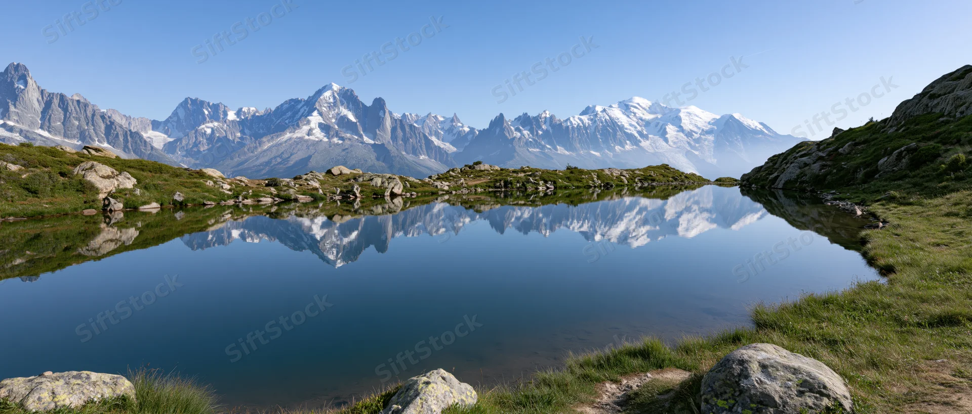 Snow-capped mountains reflected in a calm alpine lake surrounded by grassy meadows and rocks