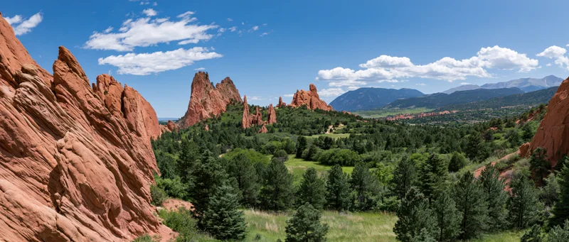 Red rock formations rising from a green forested valley under a blue sky with scattered clouds