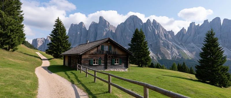 Wooden alpine cabin on a grassy hillside with a winding path and pine trees, set against towering dolomite mountains under a partly cloudy sky