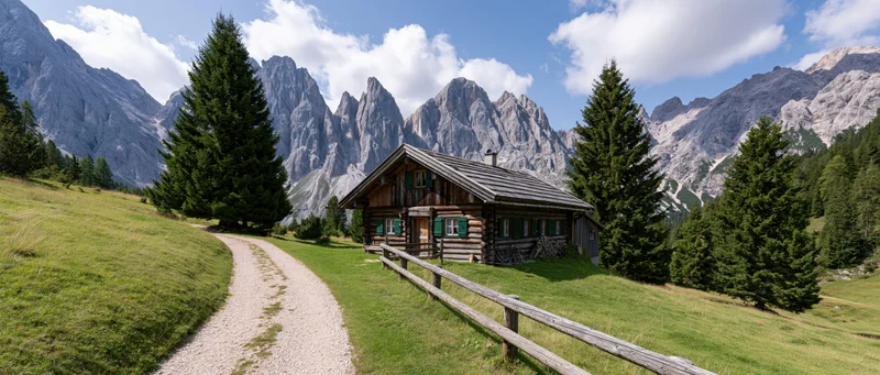 Wooden alpine cabin with gravel path and pine trees in mountain valley