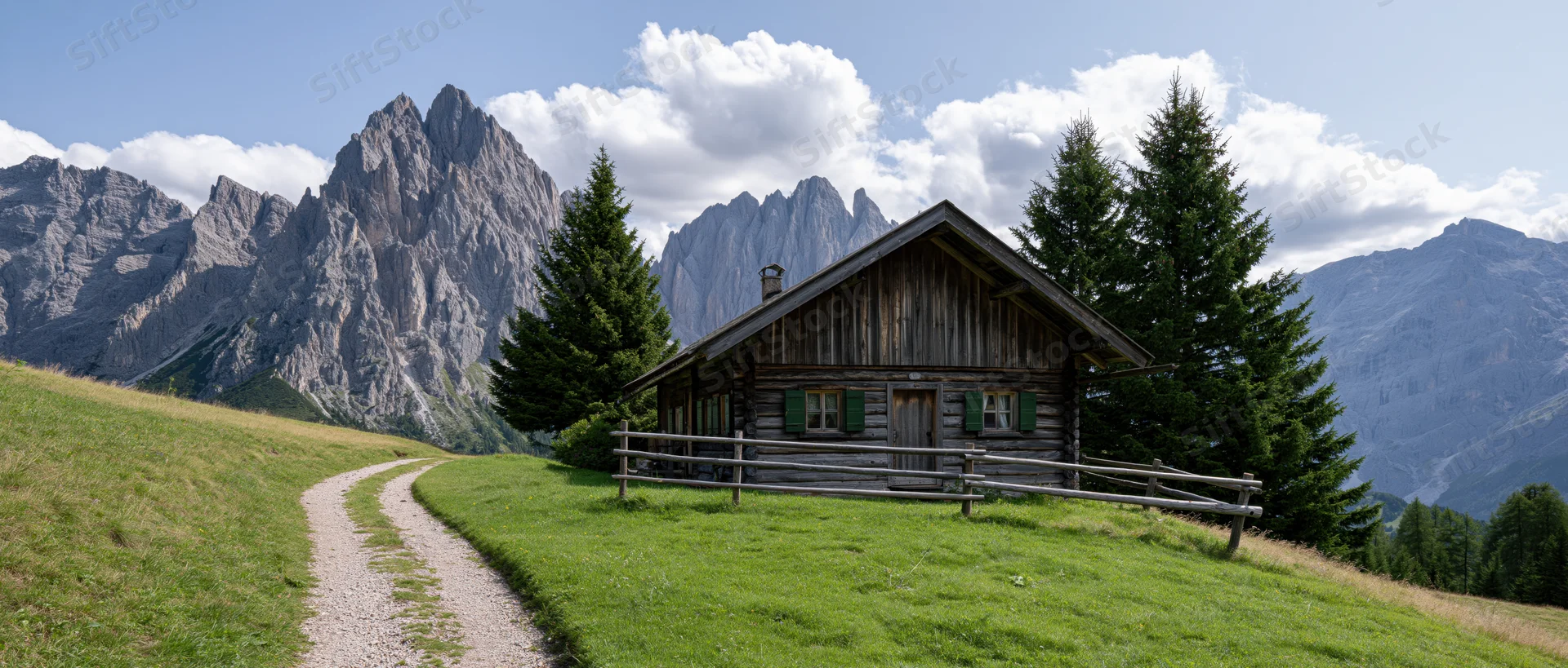 Wooden alpine cabin with green shutters beside a gravel path in a grassy meadow with rocky mountains in the background