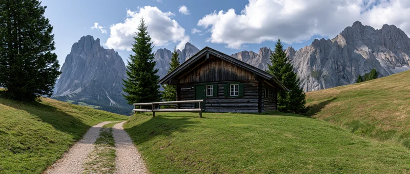 Wooden alpine cabin on a grassy hillside with a gravel path leading toward it, surrounded by pine trees and towering mountains under a partly cloudy sky