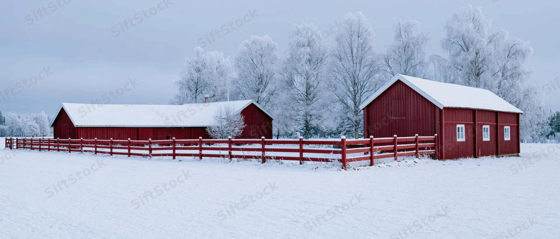 Two red barns with snow-covered roofs and a red fence in a snowy rural field