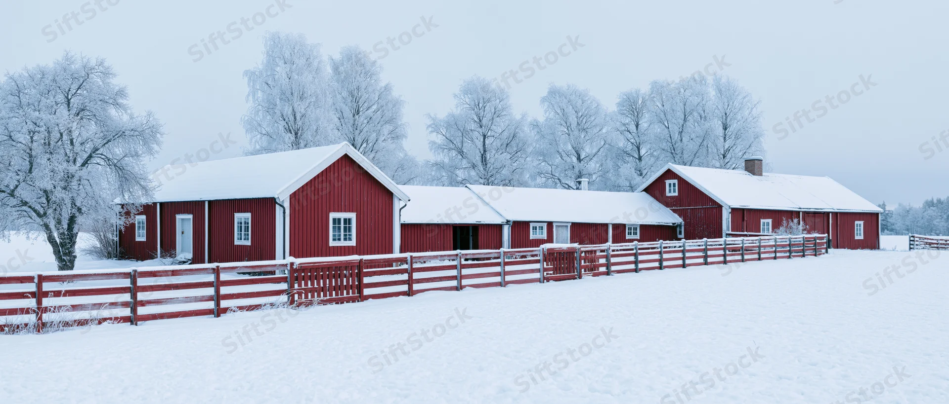Red barns and farmhouse in snow-covered rural landscape with wooden fence and bare trees