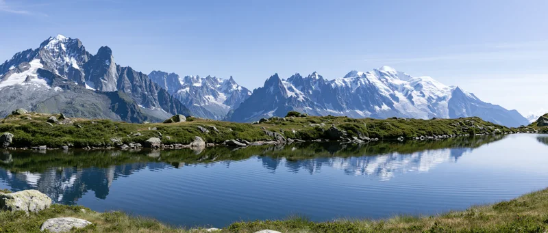 Snow-capped alpine peaks reflected in a calm mountain lake surrounded by grassy meadows and rocks