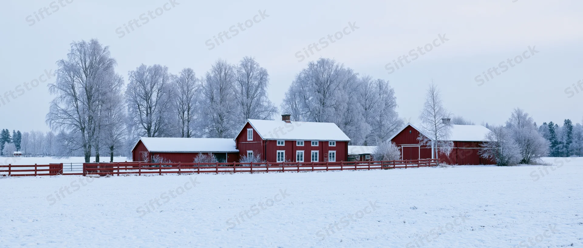 Red farmhouse and barns in snow-covered field surrounded by frosty trees